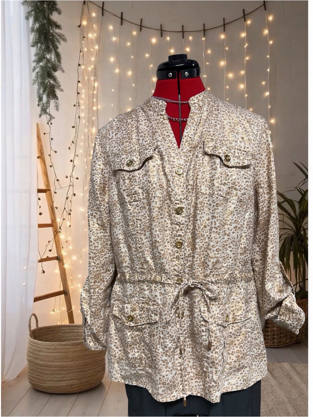 Linen Charter Club Light Beige tan Leopard-Print Drawstring Jacket large